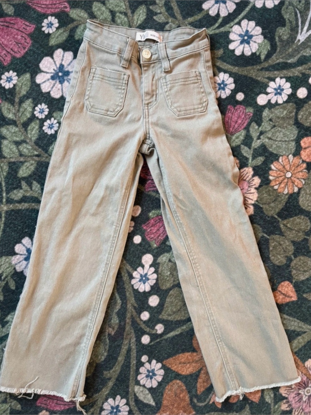 Girls Green Denim Jeans with Frayed Bottoms